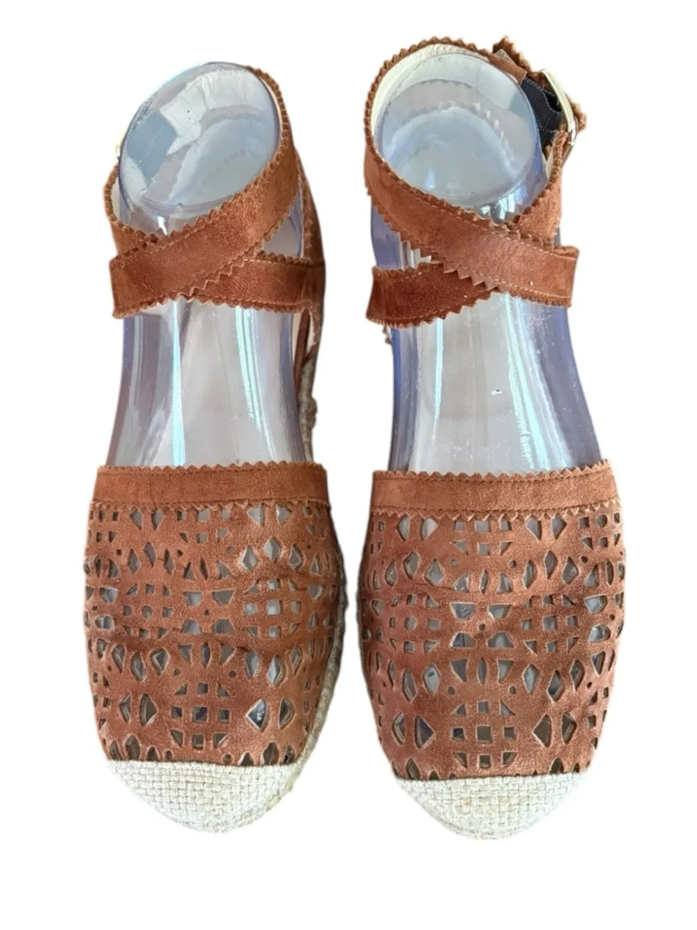 Stuart Weitzman Atalanta Brown Suede Laser Cut Flats, Ankle Strap Sz 6.5